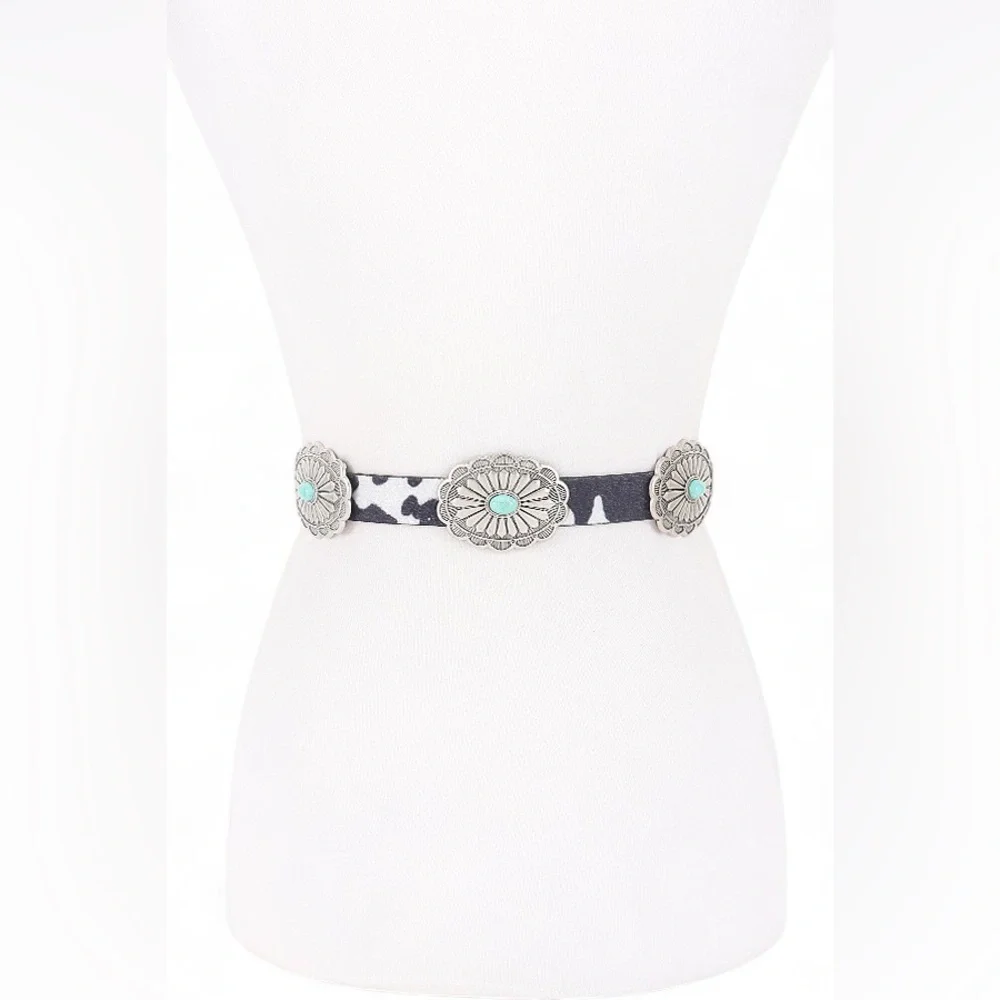 Vegan Leather Animal Print Western Concho Statement Belts with Turquoise Accents